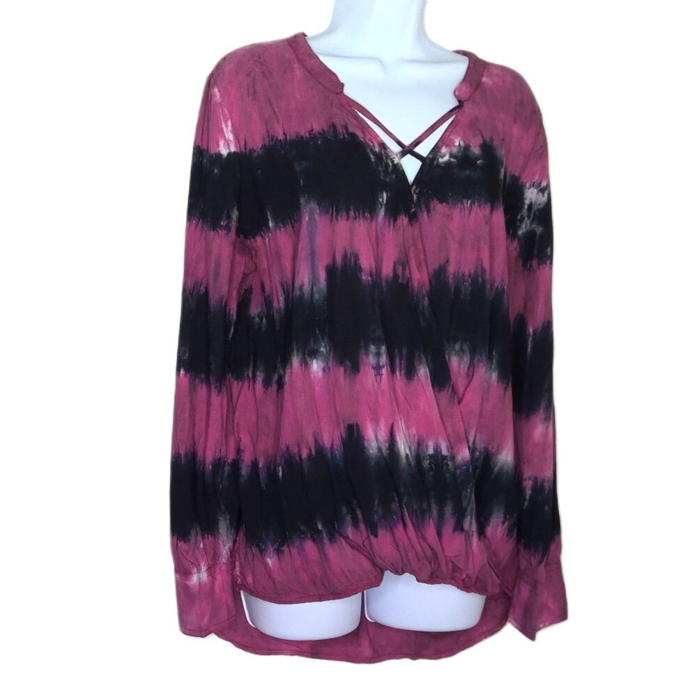 Rock & Republic Tie Dye Top Long Sleeve Rose & Black Flowy Rayon Blouse Sz L